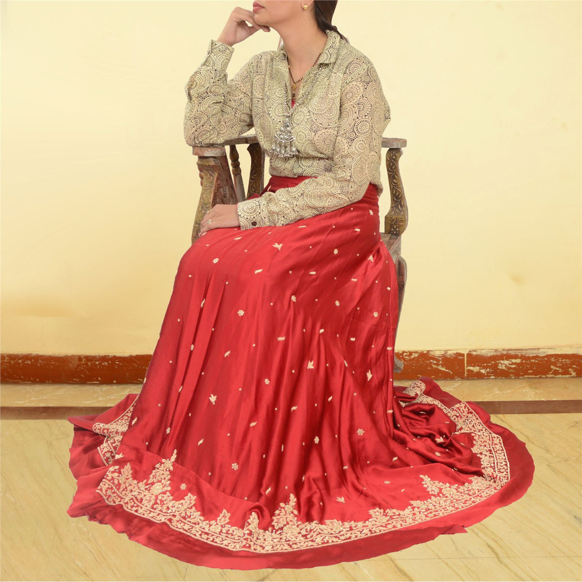 Sanskriti New Hand Embroidered Zardozi Red Pure Satin Unstitched Lehenga Wedding