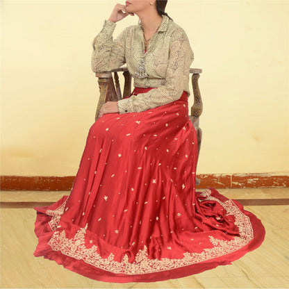 Sanskriti New Hand Embroidered Zardozi Red Pure Satin Unstitched Lehenga Wedding
