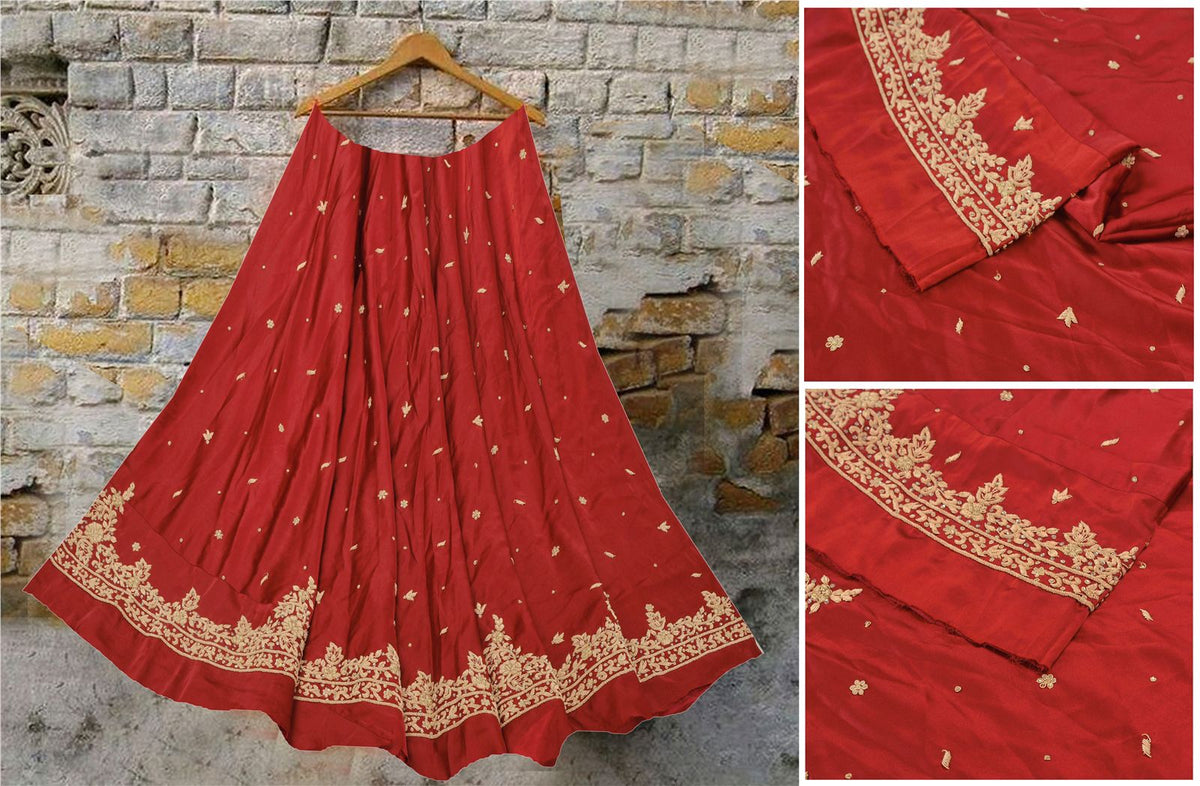 Sanskriti New Hand Embroidered Zardozi Red Pure Satin Unstitched Lehenga Wedding