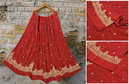 Sanskriti New Hand Embroidered Zardozi Red Pure Satin Unstitched Lehenga Wedding