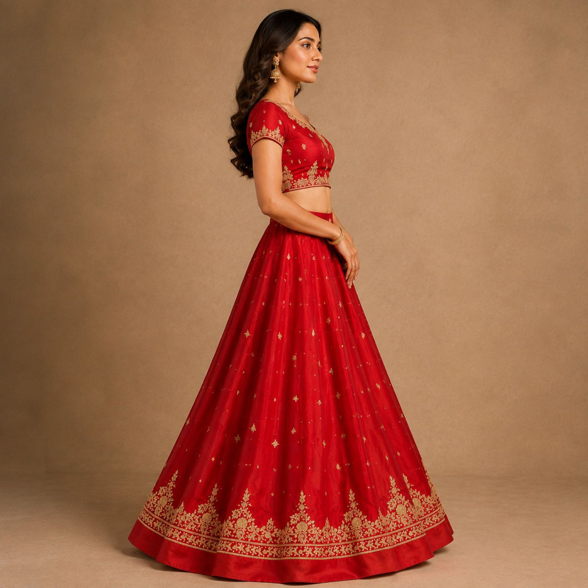 Sanskriti New Hand Embroidered Zardozi Red Pure Satin Unstitched Lehenga Wedding