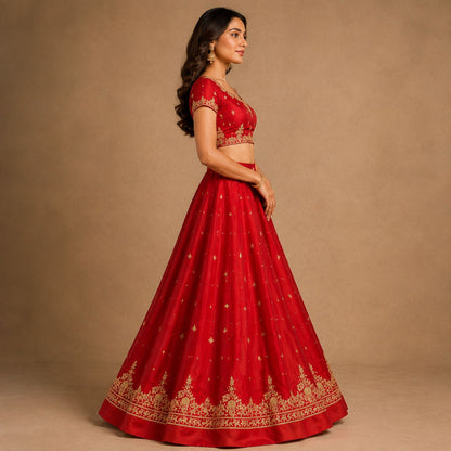 Sanskriti New Hand Embroidered Zardozi Red Pure Satin Unstitched Lehenga Wedding