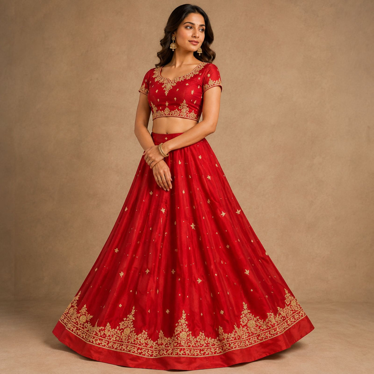 Sanskriti New Hand Embroidered Zardozi Red Pure Satin Unstitched Lehenga Wedding