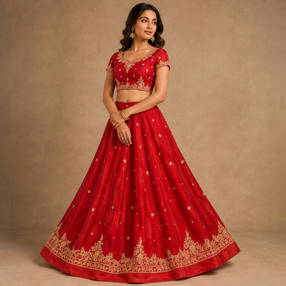 Sanskriti New Hand Embroidered Zardozi Red Pure Satin Unstitched Lehenga Wedding