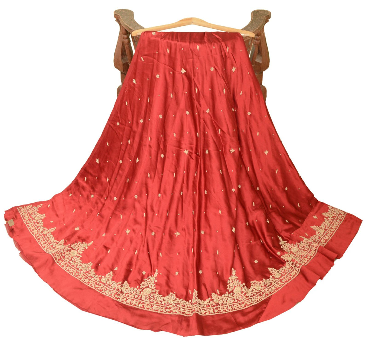 Sanskriti New Hand Embroidered Zardozi Red Pure Satin Unstitched Lehenga Wedding