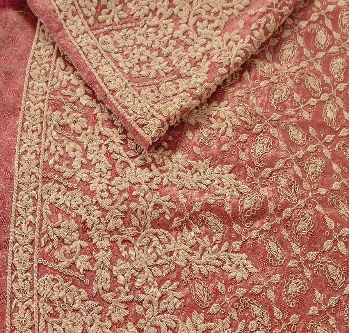 Sanskriti New Hand Embroidered Zardozi Pink Pure Silk Unstitched Bridal Lehenga