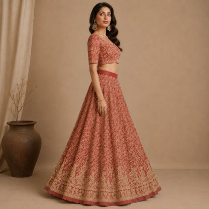 Sanskriti New Hand Embroidered Zardozi Pink Pure Silk Unstitched Bridal Lehenga