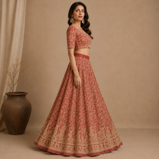 Sanskriti New Hand Embroidered Zardozi Pink Pure Silk Unstitched Bridal Lehenga