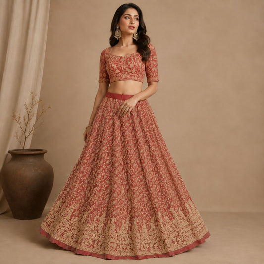 Sanskriti New Hand Embroidered Zardozi Pink Pure Silk Unstitched Bridal Lehenga