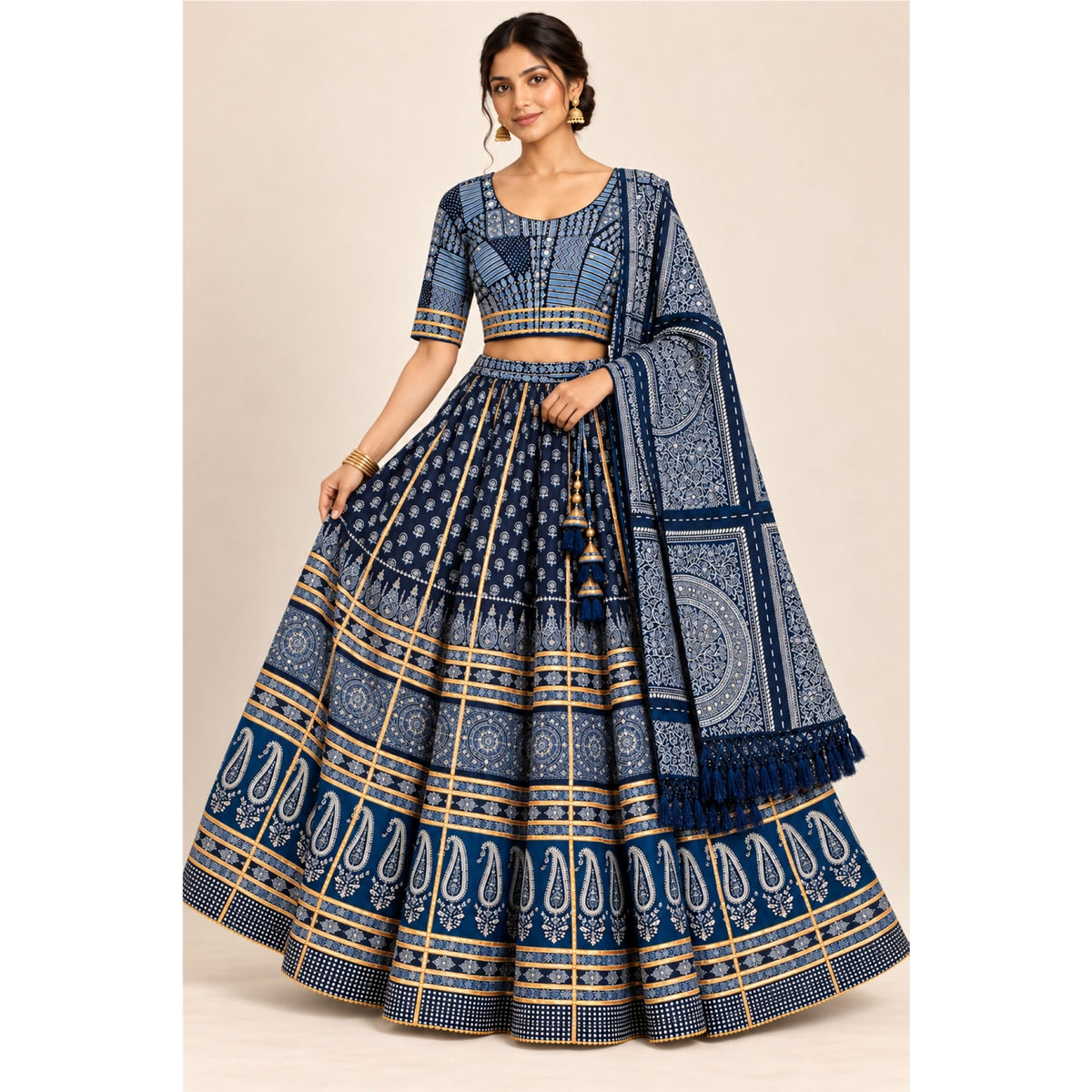 Ajrakh Hand Block Printed Lehenga Choli Set Indigo Blue Cotton Chaniya Choli for Navratri Garba Traditional Indian Women By KreatvKraft