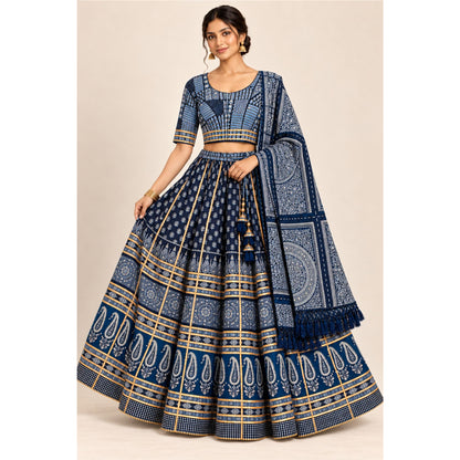 Ajrakh Hand Block Printed Lehenga Choli Set Indigo Blue Cotton Chaniya Choli for Navratri Garba Traditional Indian Women By KreatvKraft