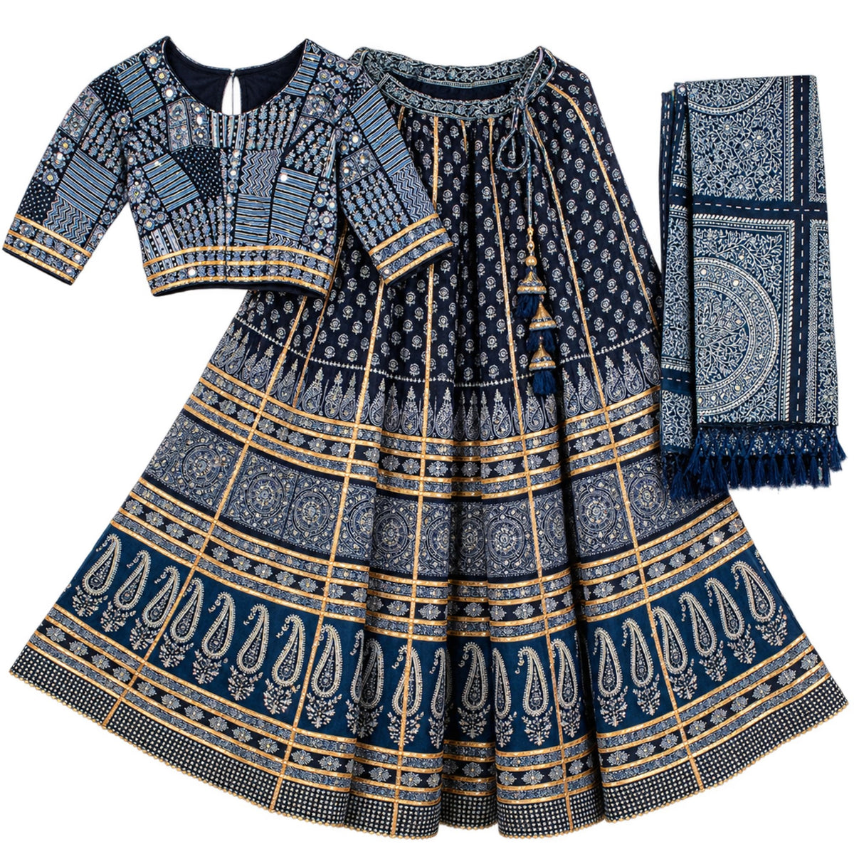 Ajrakh Hand Block Printed Lehenga Choli Set Indigo Blue Cotton Chaniya Choli for Navratri Garba Traditional Indian Women By KreatvKraft