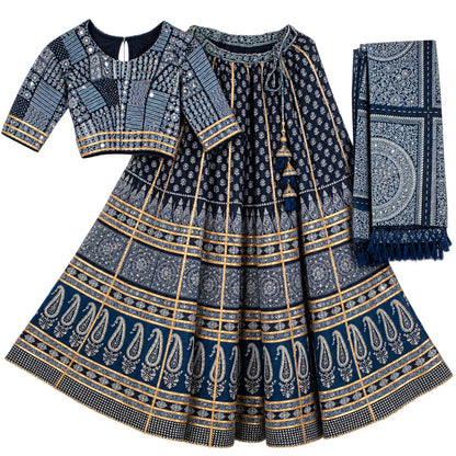Ajrakh Hand Block Printed Lehenga Choli Set Indigo Blue Cotton Chaniya Choli for Navratri Garba Traditional Indian Women By KreatvKraft