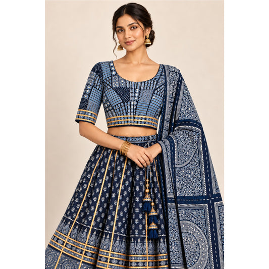 Ajrakh Hand Block Printed Lehenga Choli Set Indigo Blue Cotton Chaniya Choli for Navratri Garba Traditional Indian Women By KreatvKraft