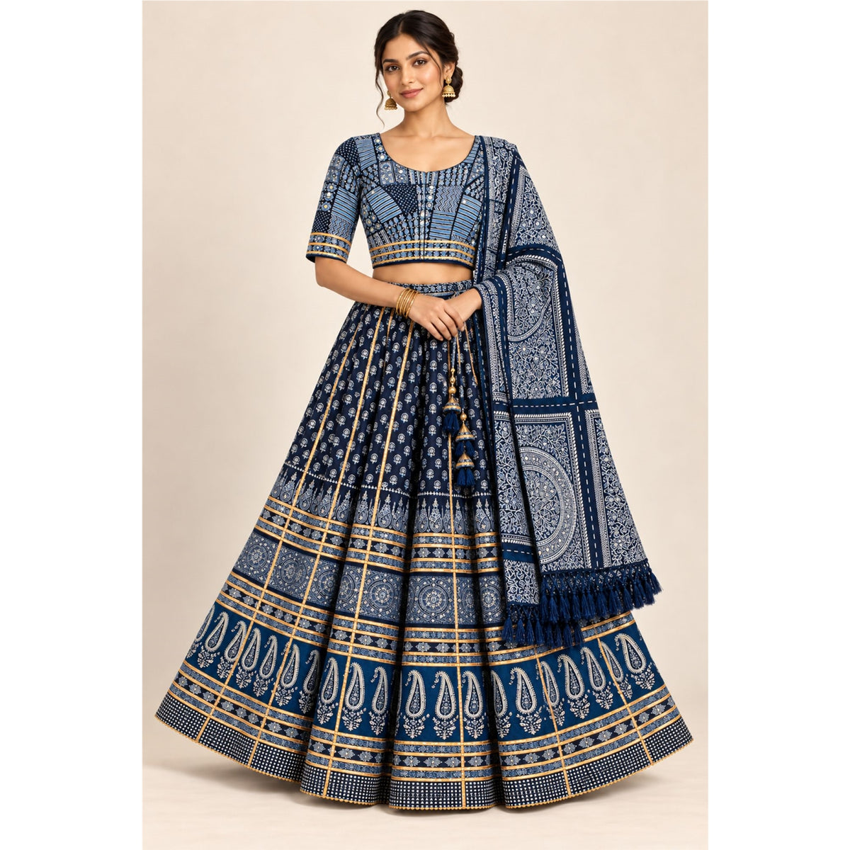Ajrakh Hand Block Printed Lehenga Choli Set Indigo Blue Cotton Chaniya Choli for Navratri Garba Traditional Indian Women By KreatvKraft