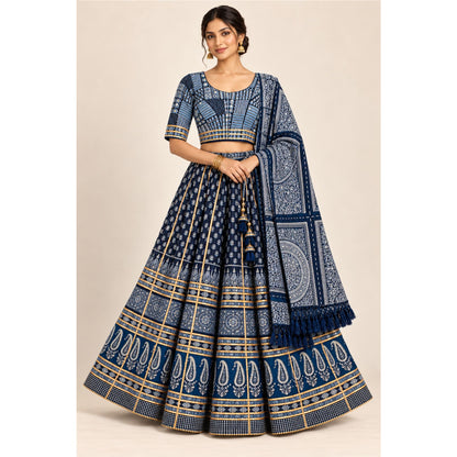 Ajrakh Hand Block Printed Lehenga Choli Set Indigo Blue Cotton Chaniya Choli for Navratri Garba Traditional Indian Women By KreatvKraft