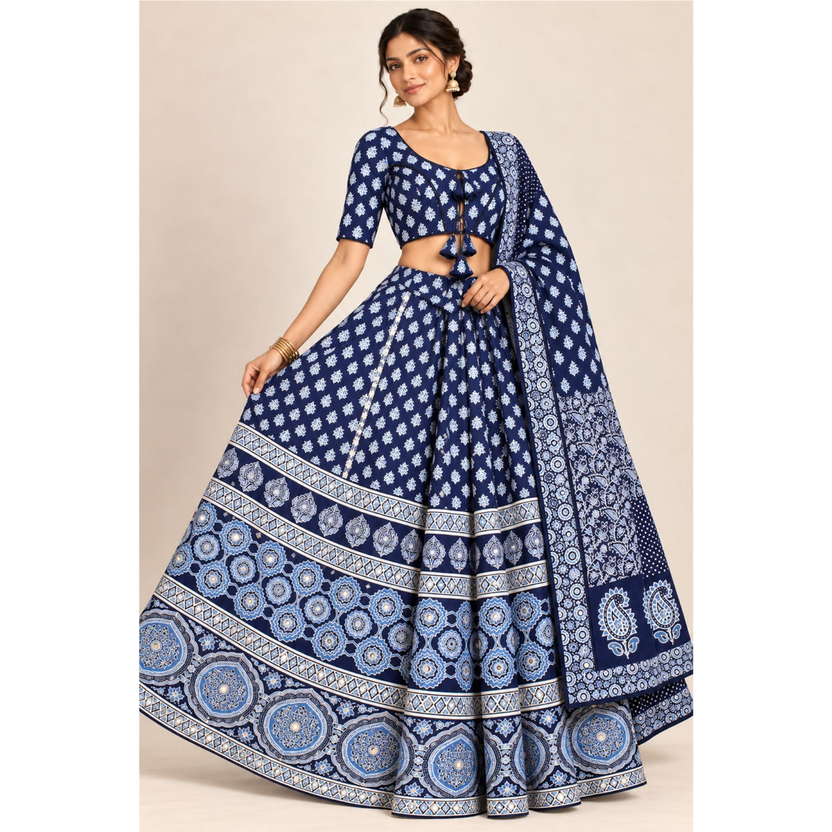 Indigo Blue Cotton Lehenga Choli Dupatta Set Bagru Hand Block Print Chaniya Choli for Navratri Garba Indian Ethnic Wear Dress for Women