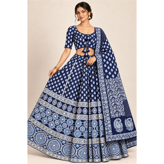 Indigo Blue Cotton Lehenga Choli Dupatta Set Bagru Hand Block Print Chaniya Choli for Navratri Garba Indian Ethnic Wear Dress for Women
