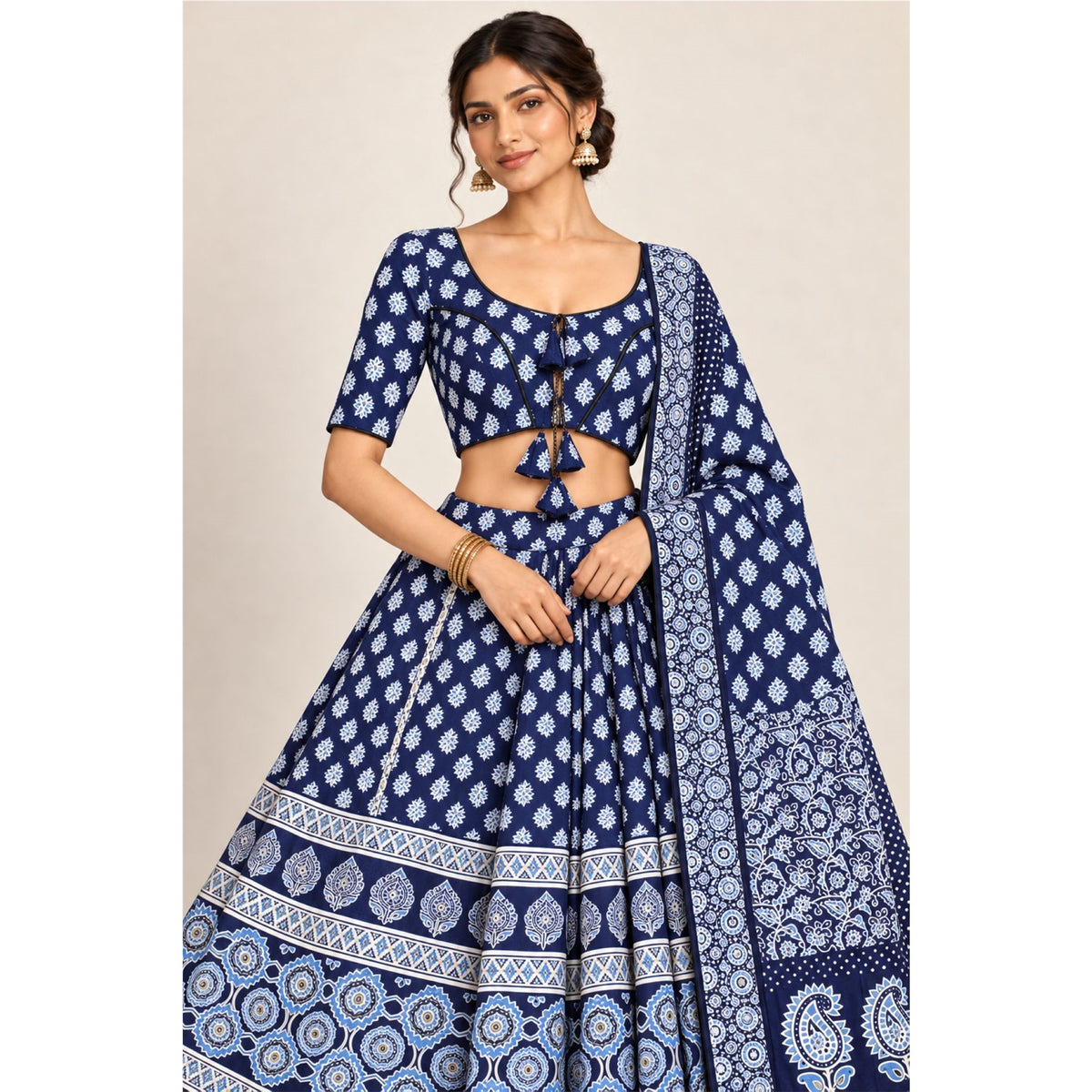 Indigo Blue Cotton Lehenga Choli Dupatta Set Bagru Hand Block Print Chaniya Choli for Navratri Garba Indian Ethnic Wear Dress for Women