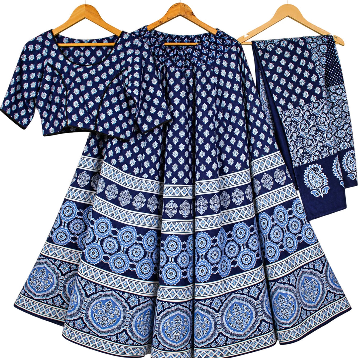 Indigo Blue Cotton Lehenga Choli Dupatta Set Bagru Hand Block Print Chaniya Choli for Navratri Garba Indian Ethnic Wear Dress for Women