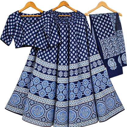 Indigo Blue Cotton Lehenga Choli Dupatta Set Bagru Hand Block Print Chaniya Choli for Navratri Garba Indian Ethnic Wear Dress for Women