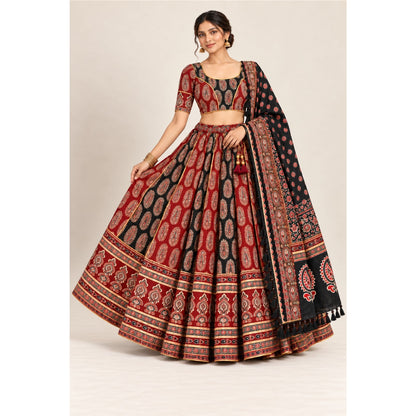Ajrakh Printed Pure Cotton Black-Marron Lehenga Choli Set Traditional Navratri Garba Chaniya Choli for Dandiya Night Dress By KreatvKraft