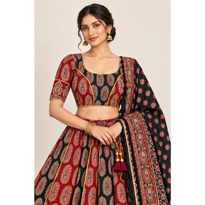 Ajrakh Printed Pure Cotton Black-Marron Lehenga Choli Set Traditional Navratri Garba Chaniya Choli for Dandiya Night Dress By KreatvKraft