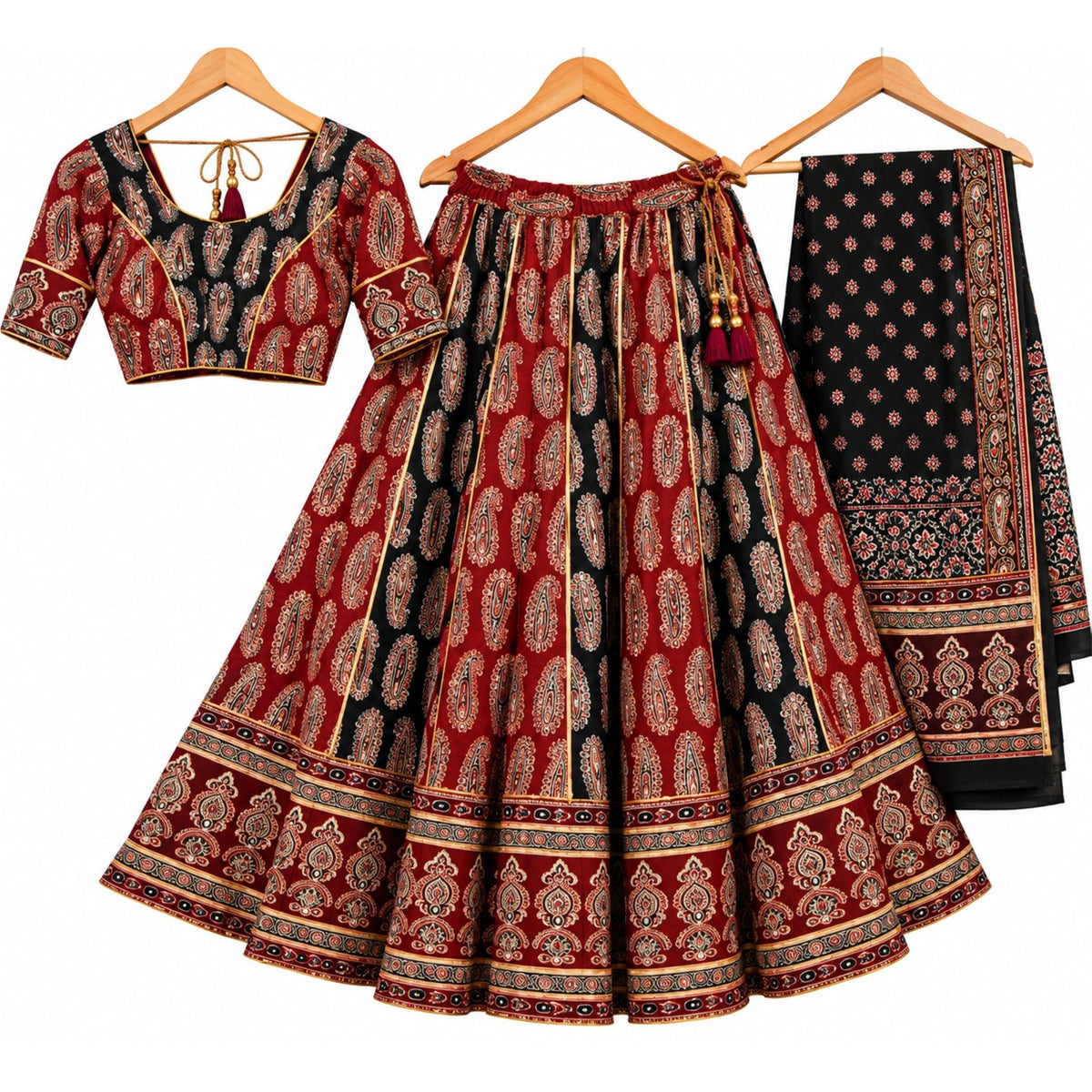 Ajrakh Printed Pure Cotton Black-Marron Lehenga Choli Set Traditional Navratri Garba Chaniya Choli for Dandiya Night Dress By KreatvKraft
