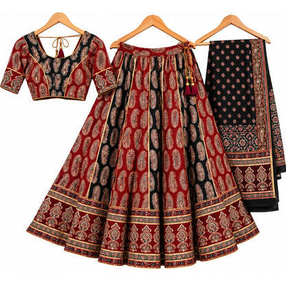 Ajrakh Printed Pure Cotton Black-Marron Lehenga Choli Set Traditional Navratri Garba Chaniya Choli for Dandiya Night Dress By KreatvKraft