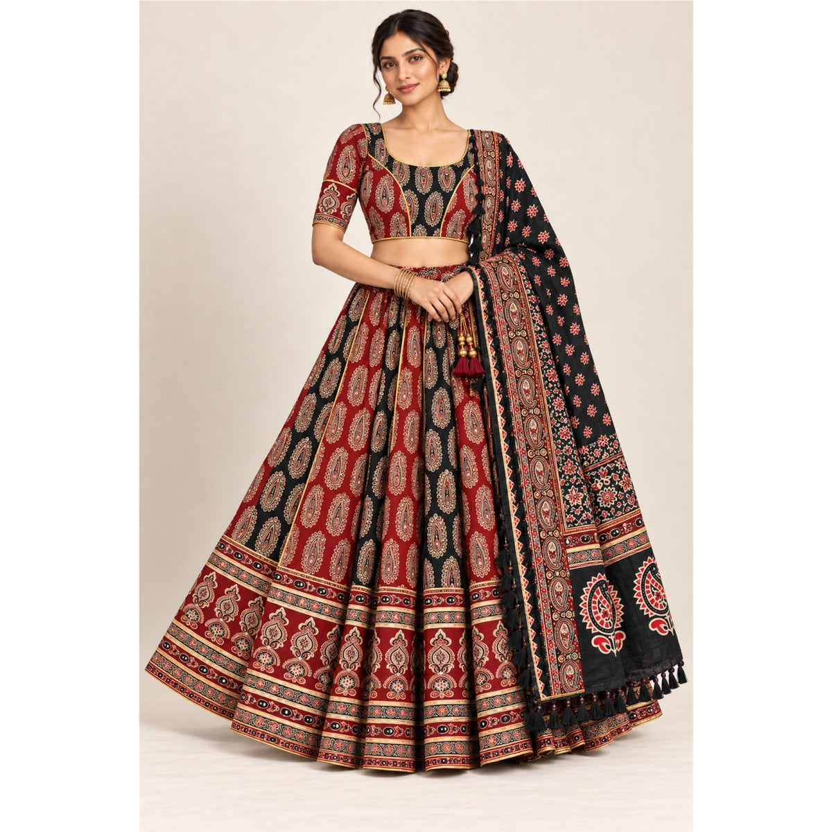 Ajrakh Printed Pure Cotton Black-Marron Lehenga Choli Set Traditional Navratri Garba Chaniya Choli for Dandiya Night Dress By KreatvKraft