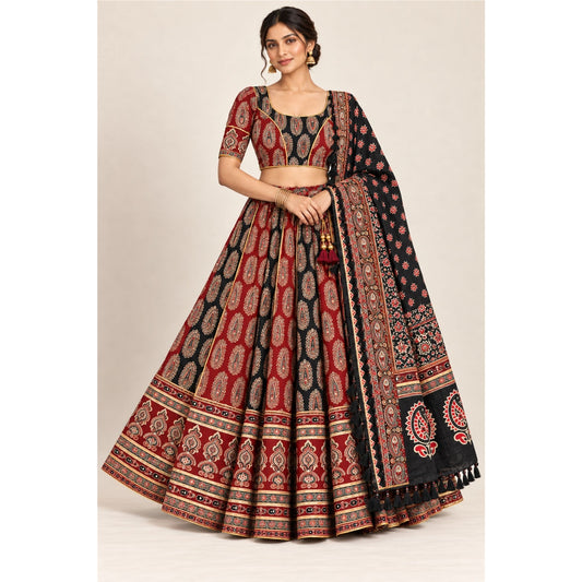 Ajrakh Printed Pure Cotton Black-Marron Lehenga Choli Set Traditional Navratri Garba Chaniya Choli for Dandiya Night Dress By KreatvKraft