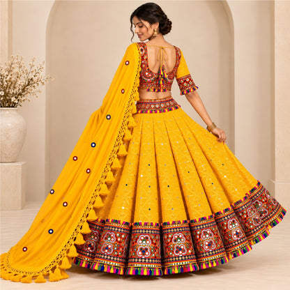 Kutch Mirror Hand Embroidered Lehenga Choli Set Yellow Rayon Chaniya Choli for Navratri Garba Indian Festival Women By KreatvKraft