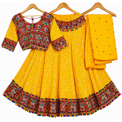 Kutch Mirror Hand Embroidered Lehenga Choli Set Yellow Rayon Chaniya Choli for Navratri Garba Indian Festival Women By KreatvKraft