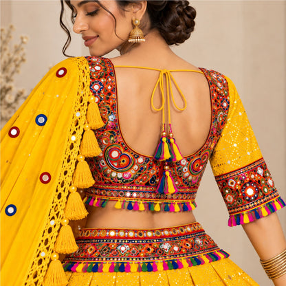 Kutch Mirror Hand Embroidered Lehenga Choli Set Yellow Rayon Chaniya Choli for Navratri Garba Indian Festival Women By KreatvKraft