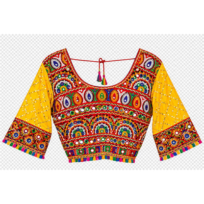 Kutch Mirror Hand Embroidered Lehenga Choli Set Yellow Rayon Chaniya Choli for Navratri Garba Indian Festival Women By KreatvKraft
