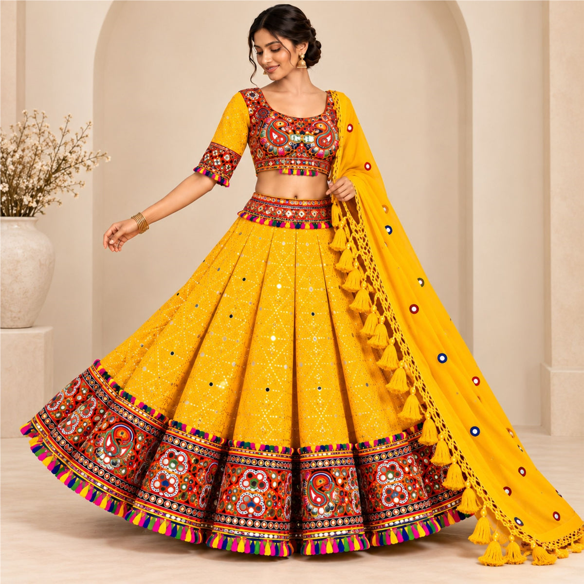 Kutch Mirror Hand Embroidered Lehenga Choli Set Yellow Rayon Chaniya Choli for Navratri Garba Indian Festival Women By KreatvKraft