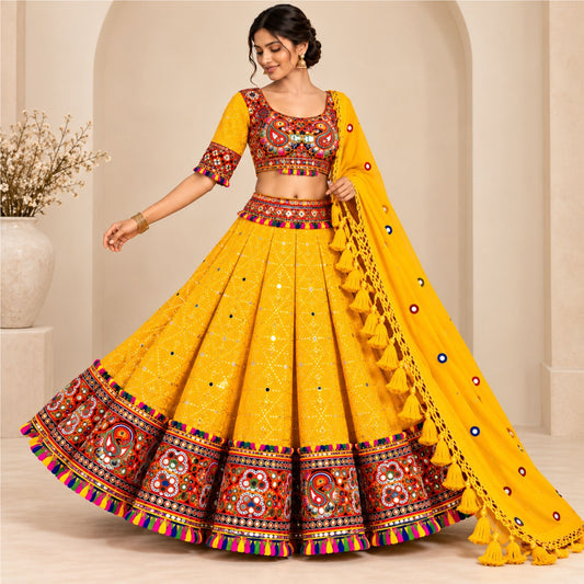 Kutch Mirror Hand Embroidered Lehenga Choli Set Yellow Rayon Chaniya Choli for Navratri Garba Indian Festival Women By KreatvKraft