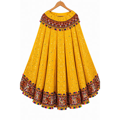 Kutch Mirror Hand Embroidered Lehenga Choli Set Yellow Rayon Chaniya Choli for Navratri Garba Indian Festival Women By KreatvKraft