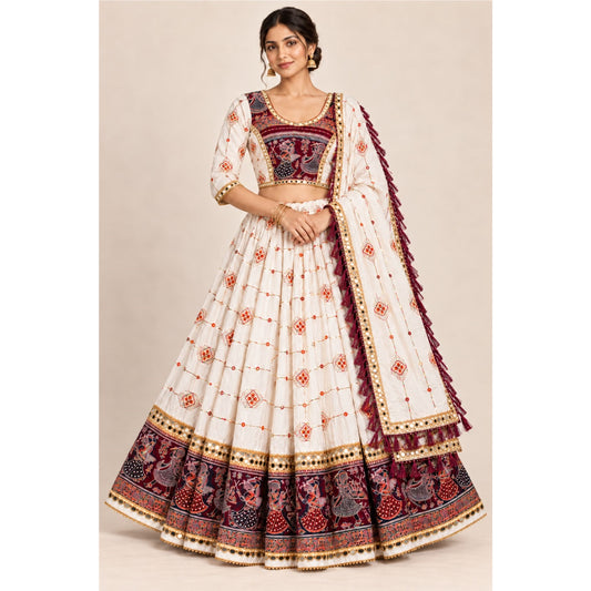 White-Wine Lehenga Choli Dupatta Set Rayon Hand Block Printed Mirror Chaniya for Navratri Garba Dandiya Traditional Indian By KreatvKraft