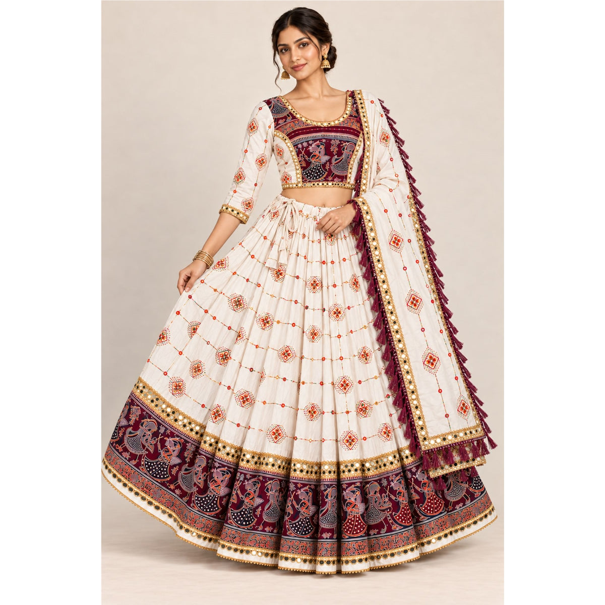 White-Wine Lehenga Choli Dupatta Set Rayon Hand Block Printed Mirror Chaniya for Navratri Garba Dandiya Traditional Indian By KreatvKraft
