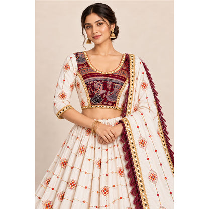 White-Wine Lehenga Choli Dupatta Set Rayon Hand Block Printed Mirror Chaniya for Navratri Garba Dandiya Traditional Indian By KreatvKraft
