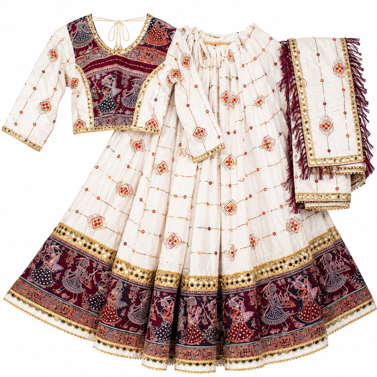 White-Wine Lehenga Choli Dupatta Set Rayon Hand Block Printed Mirror Chaniya for Navratri Garba Dandiya Traditional Indian By KreatvKraft
