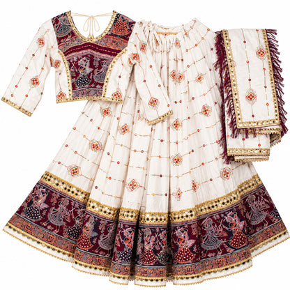 White-Wine Lehenga Choli Dupatta Set Rayon Hand Block Printed Mirror Chaniya for Navratri Garba Dandiya Traditional Indian By KreatvKraft