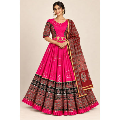 Ajrakh Printed Cotton Pink Lehenga Choli Set Traditional Navratri Garba Chaniya Choli for Dandiya Night Traditional Dress By KreatvKraft
