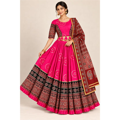 Ajrakh Printed Cotton Pink Lehenga Choli Set Traditional Navratri Garba Chaniya Choli for Dandiya Night Traditional Dress By KreatvKraft