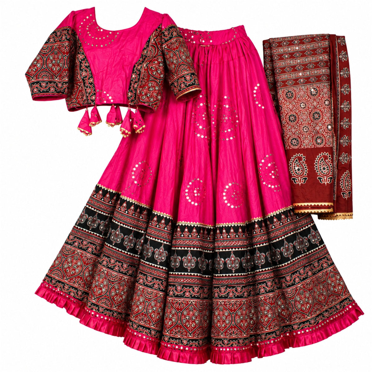 Ajrakh Printed Cotton Pink Lehenga Choli Set Traditional Navratri Garba Chaniya Choli for Dandiya Night Traditional Dress By KreatvKraft