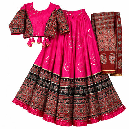 Ajrakh Printed Cotton Pink Lehenga Choli Set Traditional Navratri Garba Chaniya Choli for Dandiya Night Traditional Dress By KreatvKraft