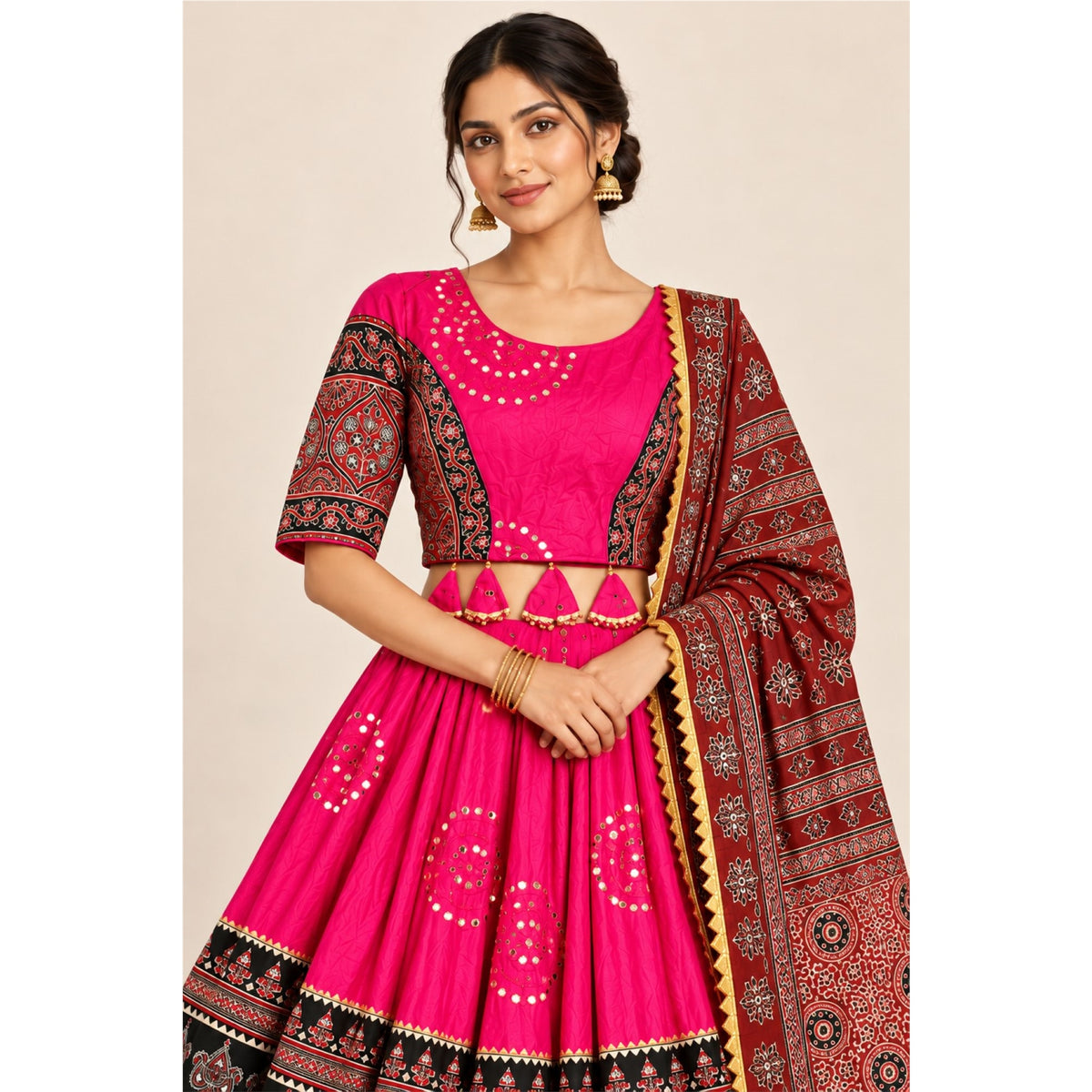 Ajrakh Printed Cotton Pink Lehenga Choli Set Traditional Navratri Garba Chaniya Choli for Dandiya Night Traditional Dress By KreatvKraft