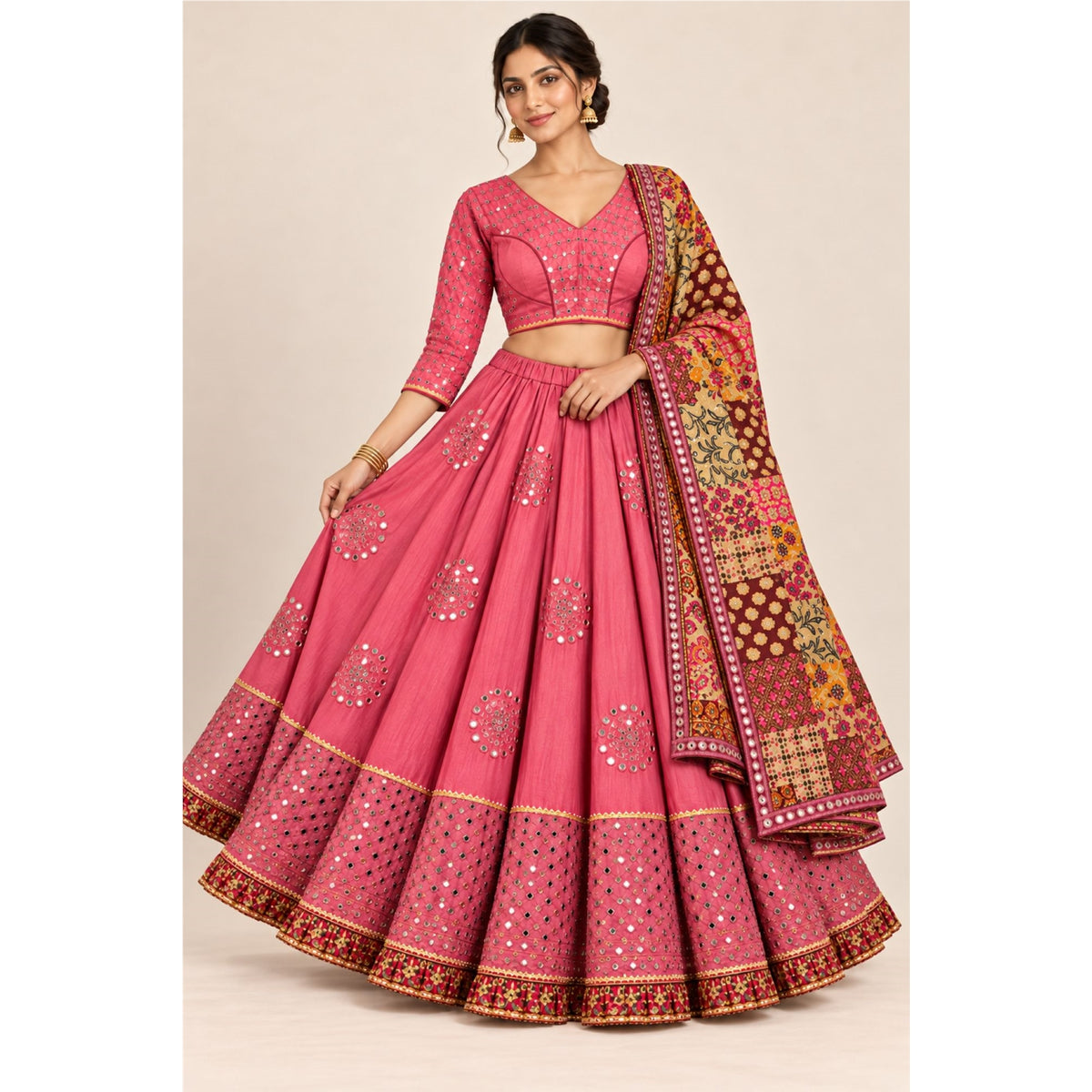 Mirror Embroidered Lehenga Choli Dupatta Set Pink Pure Cotton Real Chaniya Choli for Garba Kalamkari Indian Dress Women By KreatvKraft