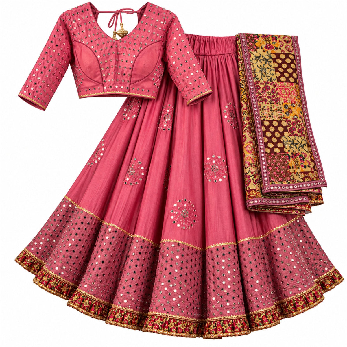 Mirror Embroidered Lehenga Choli Dupatta Set Pink Pure Cotton Real Chaniya Choli for Garba Kalamkari Indian Dress Women By KreatvKraft